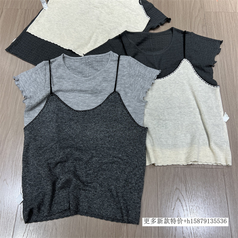 欧洲站2026春季新款吊带背心＋圆领短袖木耳边袖T恤打底衫两件套