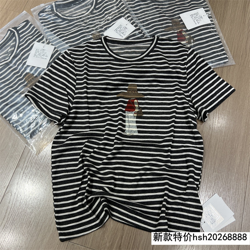 欧洲站2026春季新款女圆领撞色条纹卡通印花短袖T恤百搭减龄上衣