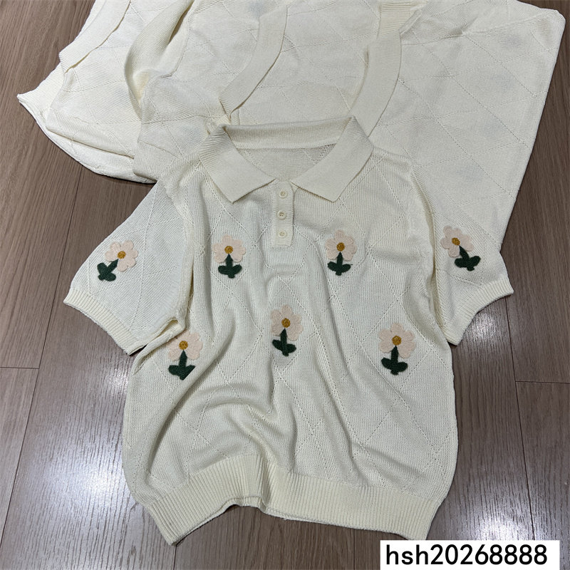 欧洲站2026夏季新款甜美可爱风花朵刺绣翻领短袖针织衫女套头上衣