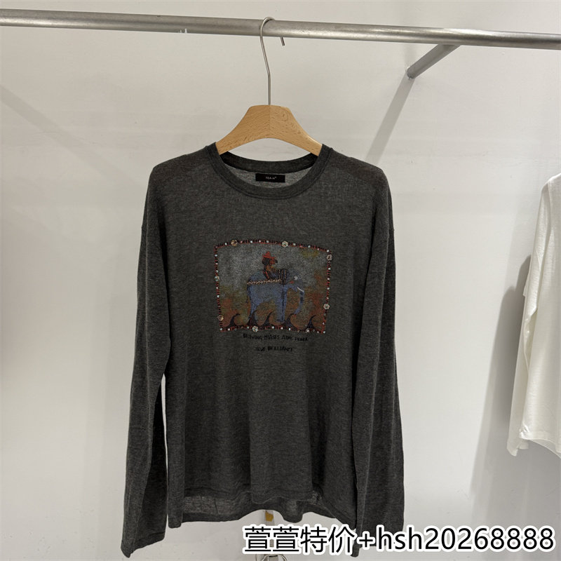 欧洲站2026早秋新款休闲百搭圆领宽松上衣柔软舒适绵羊毛印花T恤