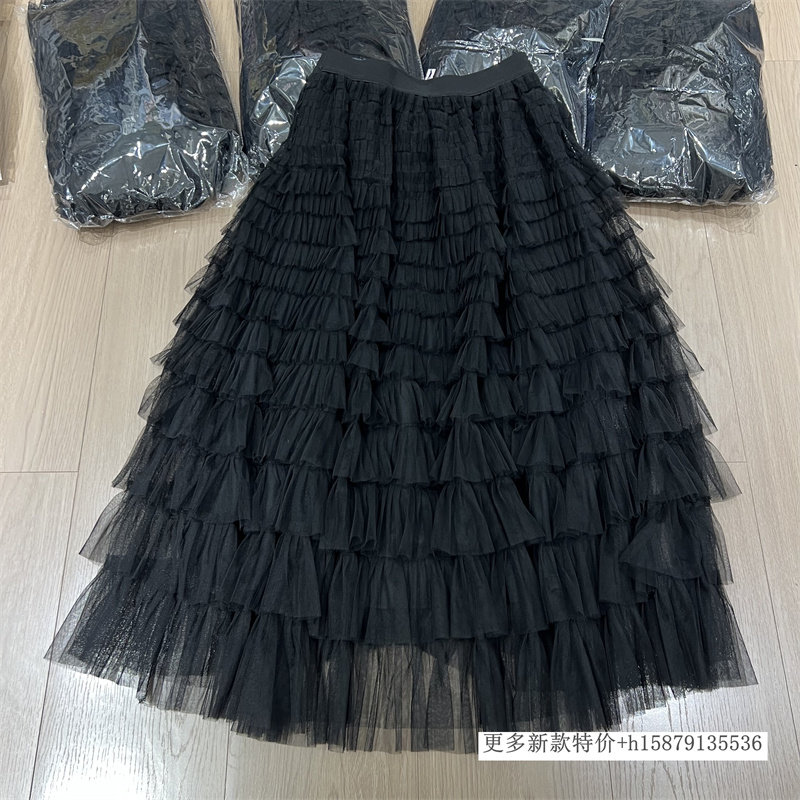 欧洲站2026春季新款黑色网纱蛋糕裙高腰多层荷叶边蓬蓬柔软半身裙