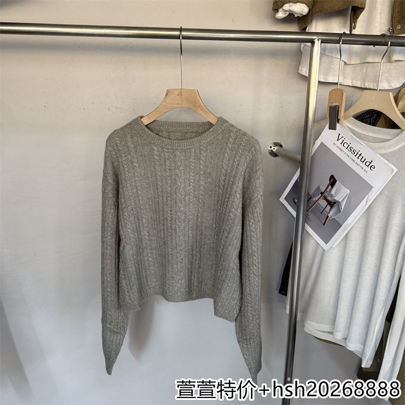 欧洲站2026秋冬新款22150韩货麻花纹绵羊毛针织衫女套头短款毛衣