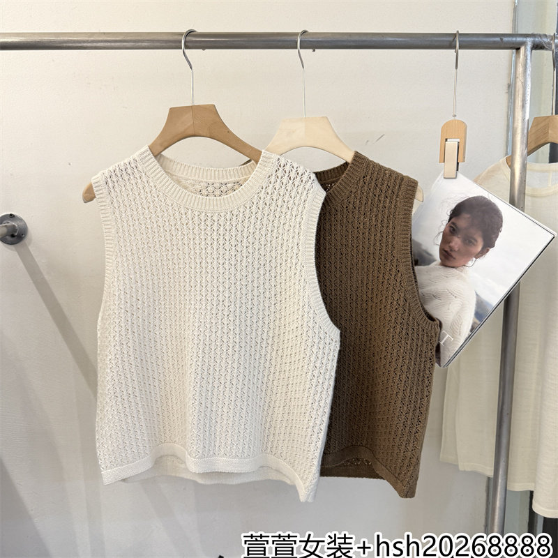 欧洲站2026早秋新款百搭圆领镂空纯色柔软无袖山羊绒绵羊毛马甲女