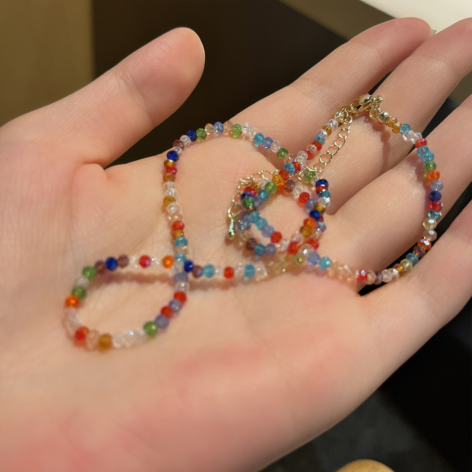 夏天彩色水晶串珠项链女花朵吊坠颈链锁骨链网红小众设计感饰品