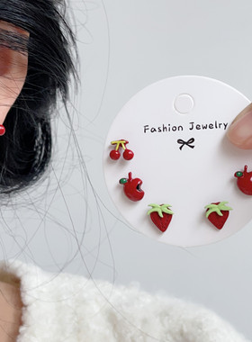 生物瓷针防过敏可爱红色小樱桃草莓耳钉简约甜美少女养耳洞耳饰女