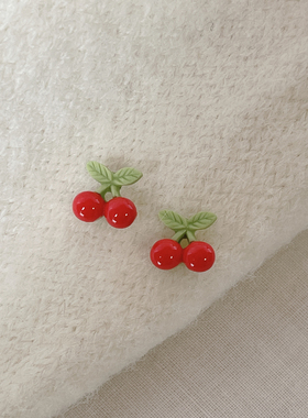 红色小樱桃耳钉925纯银甜美可爱小清新耳环女小众设计感耳饰新款