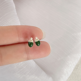 925纯银针墨绿色陶瓷松果耳钉简约个性小巧耳饰女设计感小众耳环