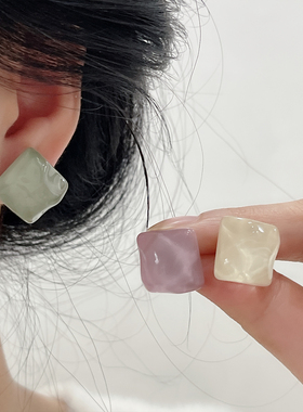 波光粼粼清新蓝色方块水波纹耳钉银针小众设计耳饰耳环女夏季新款