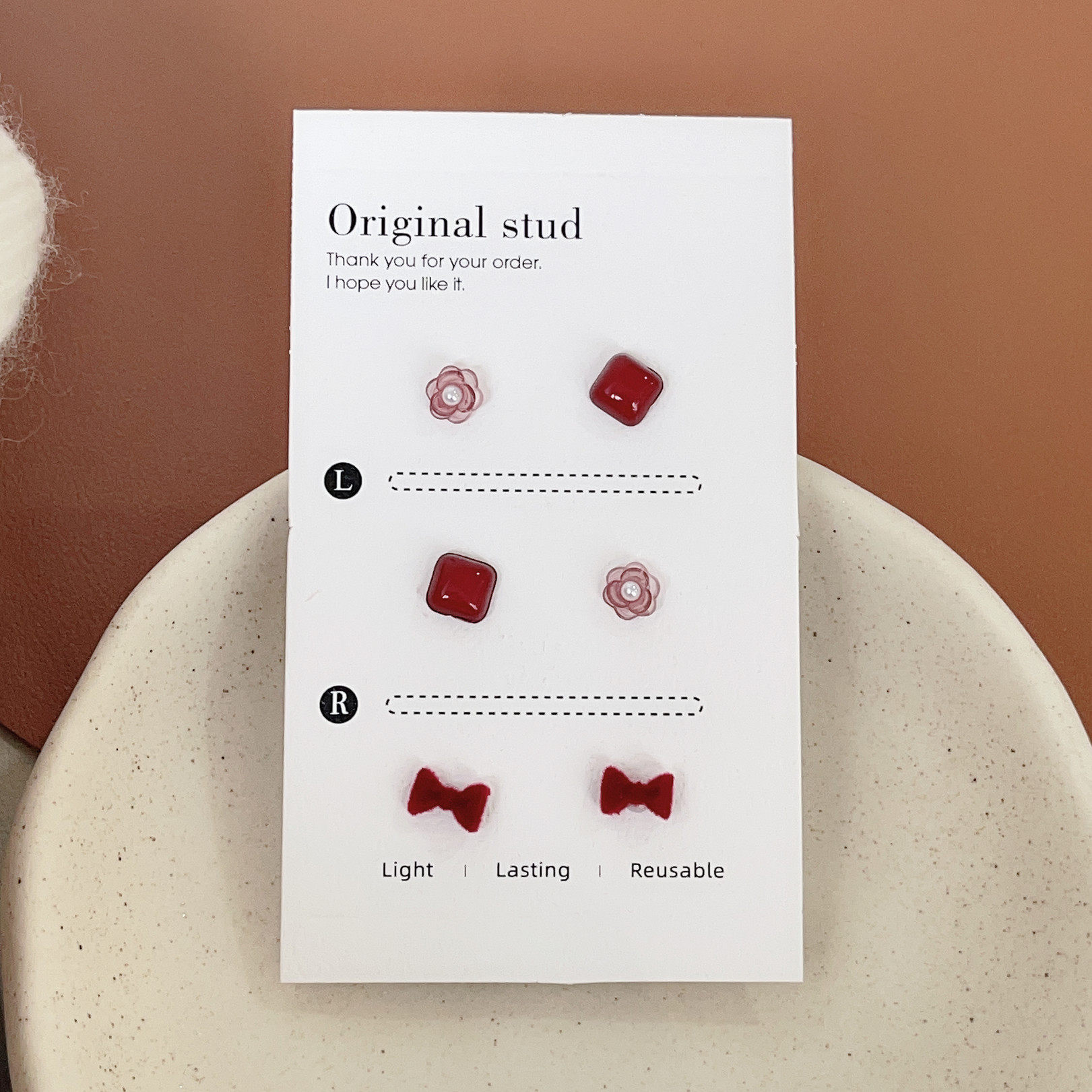 生物瓷针酒红色小方块蝴蝶结套装耳钉女防过敏养耳小巧精致甜美