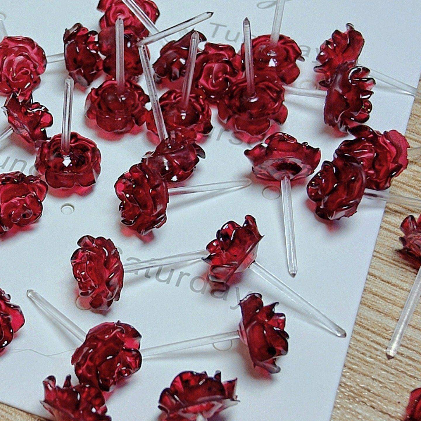 养耳棒树脂耳钉酒红色玫瑰花小众设计感简约显白耳环防敏免摘耳饰