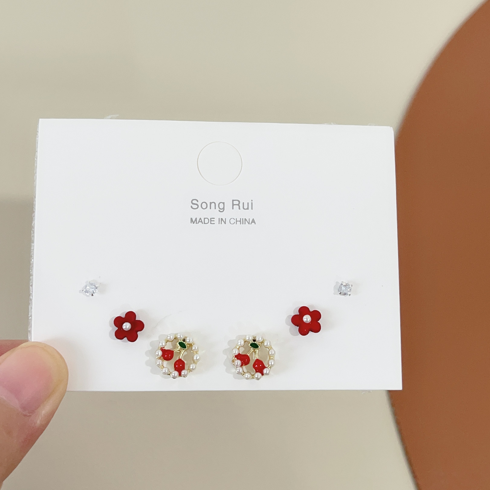 可爱红色花朵珍珠樱桃耳钉三件套装甜美气质简约百搭小巧耳饰新款
