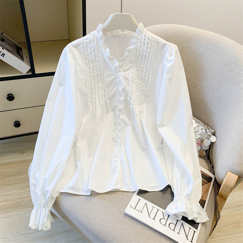 东大门法式ins褶皱V领蕾丝边喇叭袖衬衫2026春季新款百搭时尚上衣,女装/女士精品,衬衫,淘宝优惠券,粉丝福利购,淘宝优惠卷