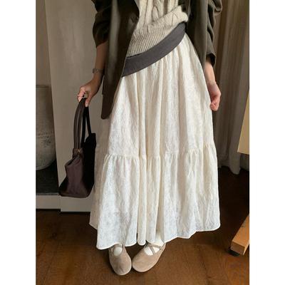十三行秋冬新款蕾丝加绒肌理感磨毛半身裙中长款慵懒温柔风伞裙