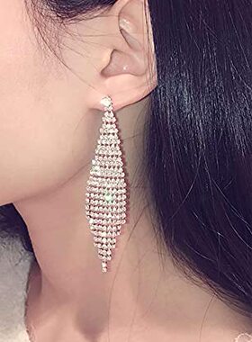 韩版高级感闪亮夜店流苏水钻耳环新娘配饰耳坠轻奢长耳钉女
