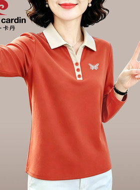 皮尔卡丹中年女士长袖T恤纯棉上衣2026新款秋季polo衫外穿打底衫