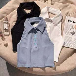 女童漏背Polo衫 漏脐上衣 挂脖吊带背心外穿夏季 新盐系炸街高腰短款
