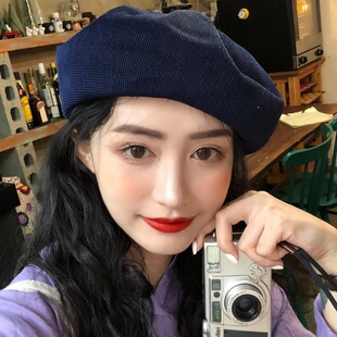 藏青色ins贝雷帽女秋冬季 画家帽子透气英伦复古八角网红帽 薄款