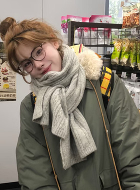 冬日软糯灰色针织麻花保暖围脖情侣加厚毛线学院风围巾男韩系ins