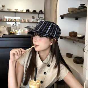 韩版 小众复古条纹撞色鸭舌帽子女春夏平顶马术帽文艺休闲骑士帽潮