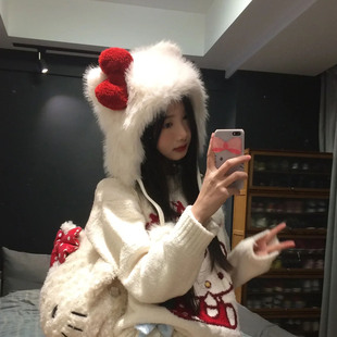 圣诞红色蝴蝶结KT猫耳朵毛绒帽子女冬加厚防寒雷锋帽保暖包头帽