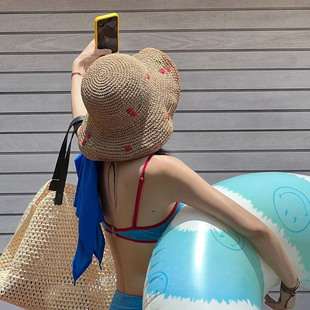 夏季 小樱桃草帽女海边度假旅游拍照沙滩帽可折叠编织帽野餐遮阳帽