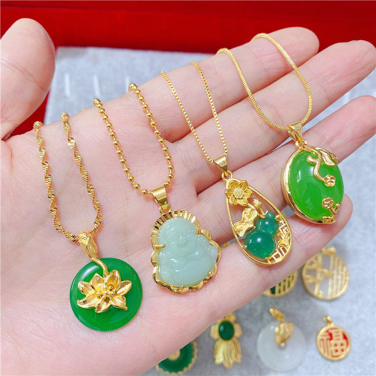 时尚沙金仿真玉吊坠古法镀金镶玉福袋平安扣笑佛挂饰配锁骨链女
