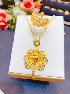 新款凤凰项链女孔雀开屏吊坠项链戒指套装仿真黄金结婚婚庆首饰