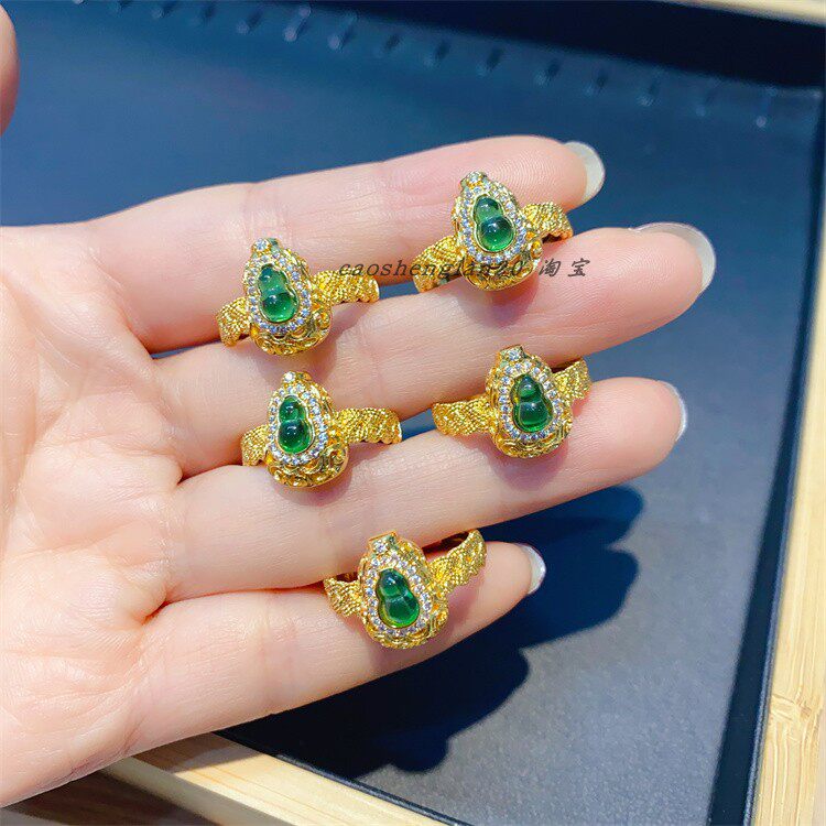 古法新中式碧玉祥云葫芦戒指女时尚复古仿真玉葫芦开口戒指可调节