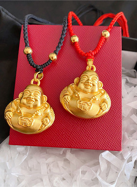 铜合金高品质大肚弥勒佛佛头吊坠项链厚壁黑绳空心编织精美大气