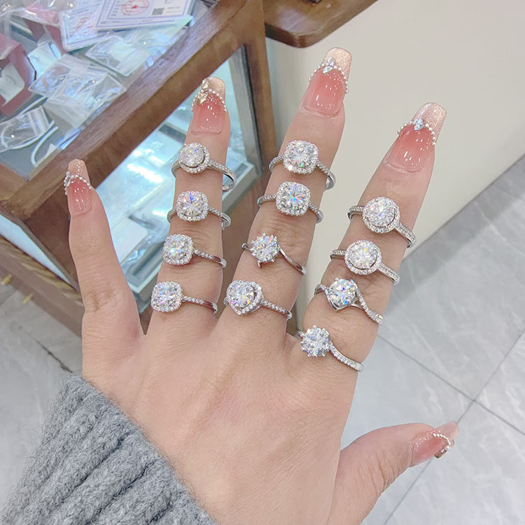 S925银戒指 胖家同款D色莫桑石小方糖戒指女开口闭口尾戒莫桑戒