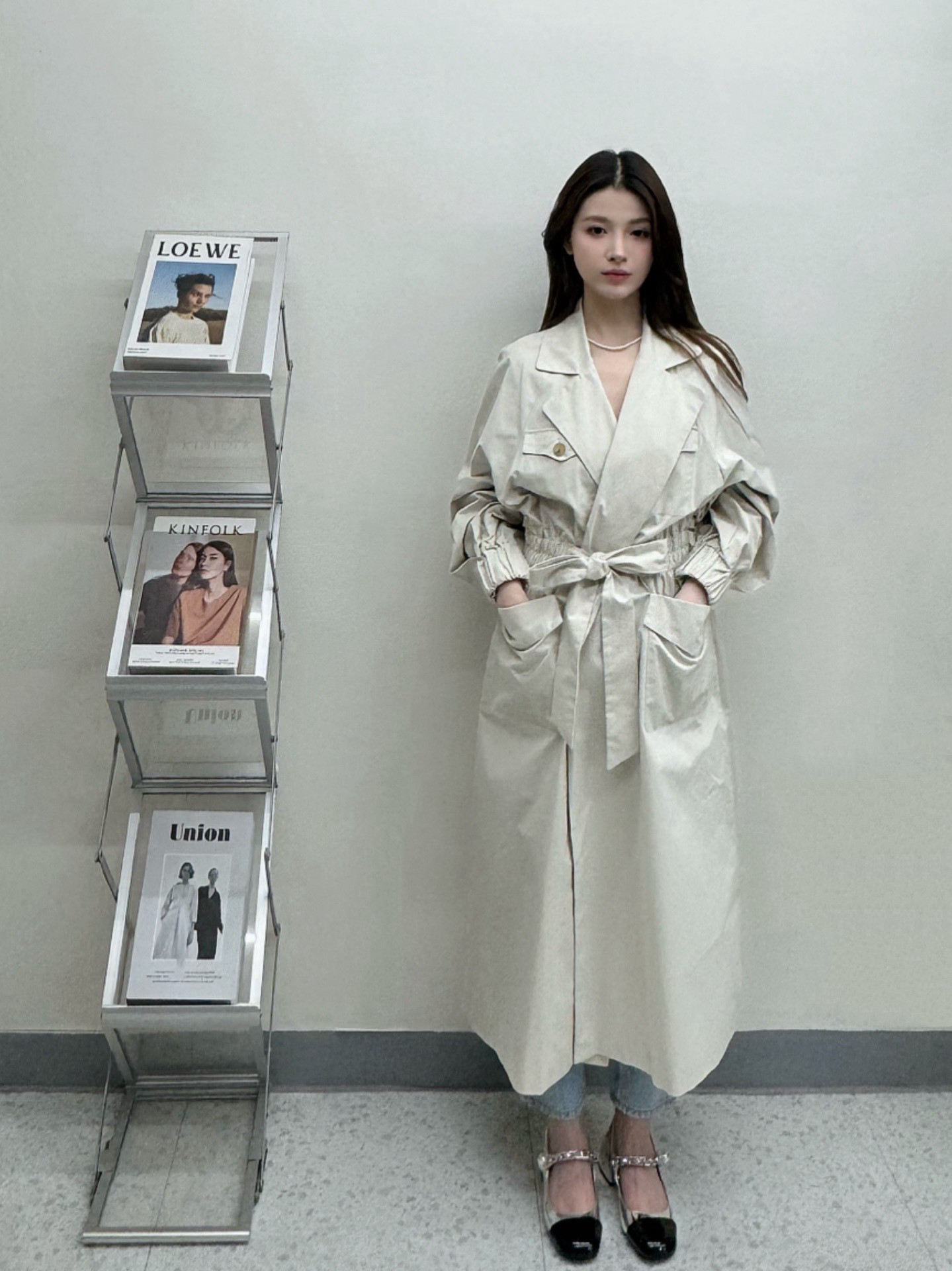 韩国东大门代购直邮2024秋款设计感纯色风衣外套女中长款大衣