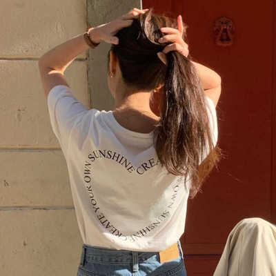 WELL KNOWN韩国东大门直邮24夏纯色印花后背爱心字母短袖棉T恤女