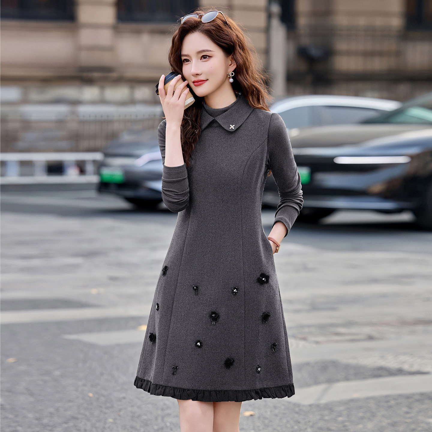 2026春季新款女装针织衫拼接翻领无袖背心裙两件套A字裙连衣裙