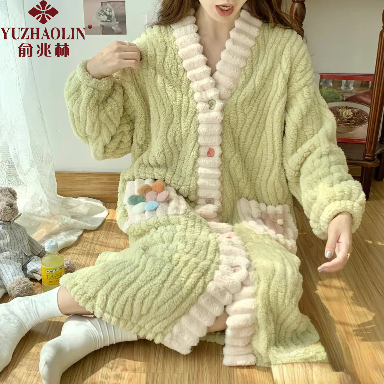 俞兆林睡袍女秋冬季加厚珊瑚绒长款浴袍家居服套装可外穿法兰绒_淘宝内购会_