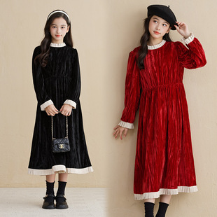 女童秋冬款森系甜美缩腰连衣裙加绒中大童文艺新款花边母女装
