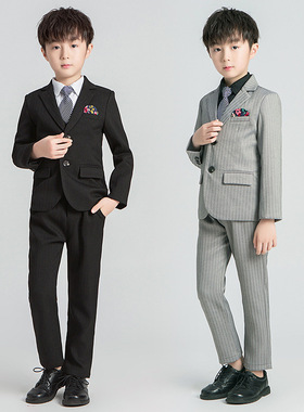 童装秋季款男童灰色条纹小西装儿童礼服花童主持演出西服套装