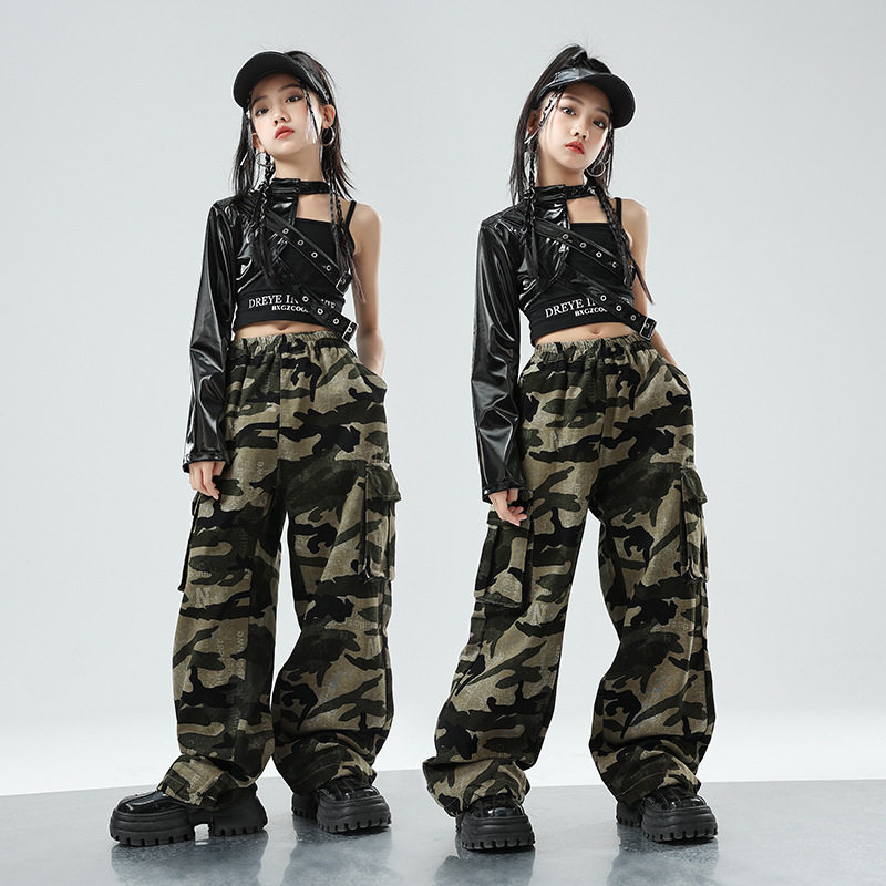 儿童爵士舞服装单袖皮衣迷彩裤套装露脐JAZZ街舞演出服女童舞蹈酷