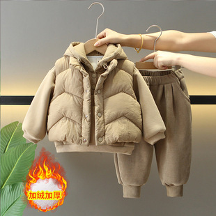 6558男童冬季套装2025新款儿童加绒加厚冬装宝宝韩版马甲三件套潮