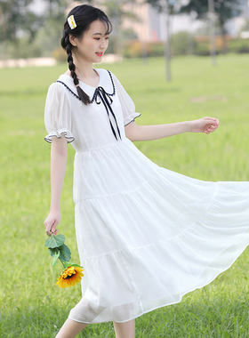 212110连衣裙长款夏季初中学生大童夏装高中女生白色雪纺长裙