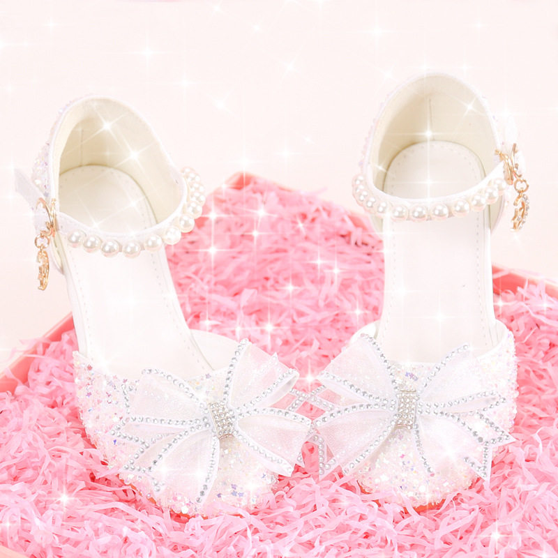 儿童高跟鞋配礼服白色珍珠蝴蝶结水晶女童演出走秀钢琴鞋子