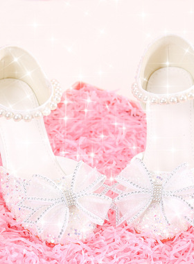 儿童高跟鞋配礼服白色珍珠蝴蝶结水晶女童演出走秀钢琴鞋子