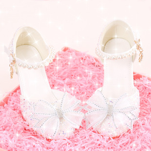 儿童高跟鞋配礼服白色珍珠蝴蝶结水晶女童演出走秀钢琴鞋子