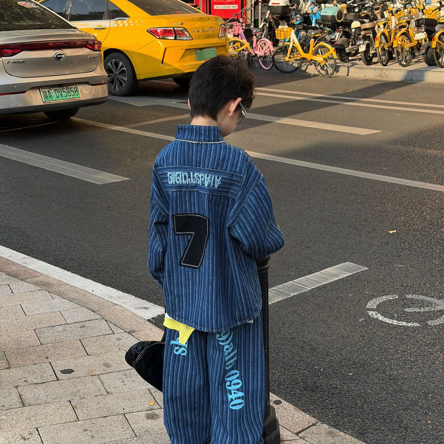 泰如2026春季新款儿童条纹水洗牛仔套装男童韩版洋气两件套潮