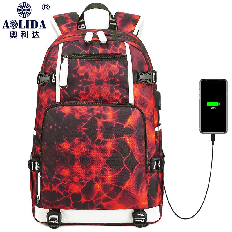 新款印花双肩男大容量电脑背包防水中学生书包涤纶奥利达几何图案