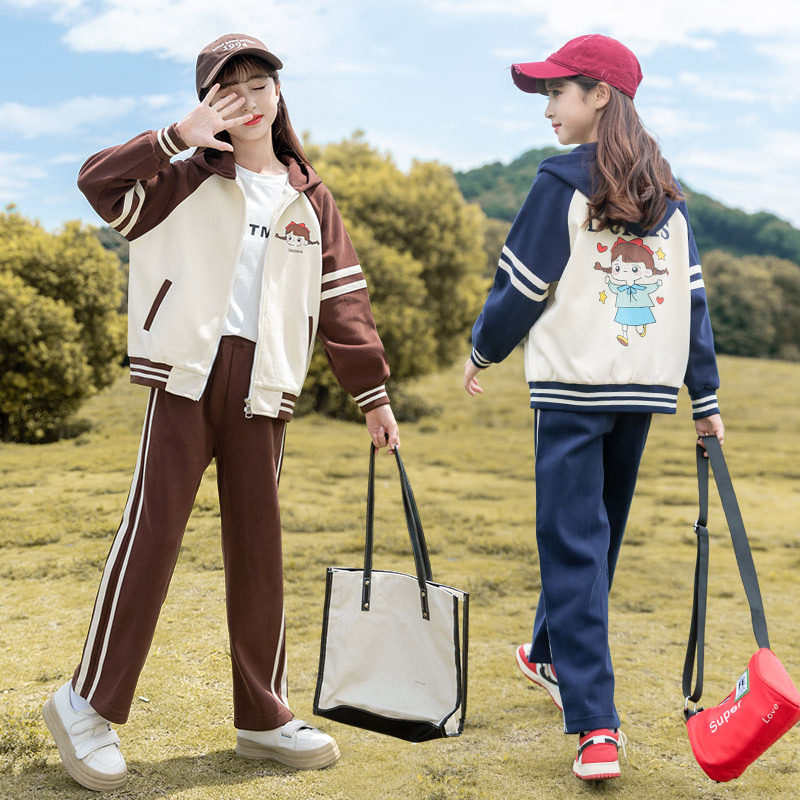 比比我女童套装春秋款2026新款中大童时尚连帽休闲运动两件套