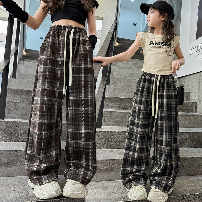 女童阔腿裤春款2025新款韩版中大童时髦长裤格子休闲裤直筒拖地