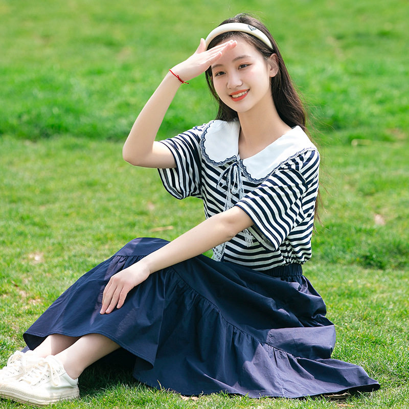 23216连衣裙夏季初中学生高中女生夏装大童学院风条纹长裙子