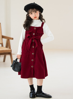 女童背带连衣裙灯芯绒中大童女装2026春秋儿童本命年穿搭套装