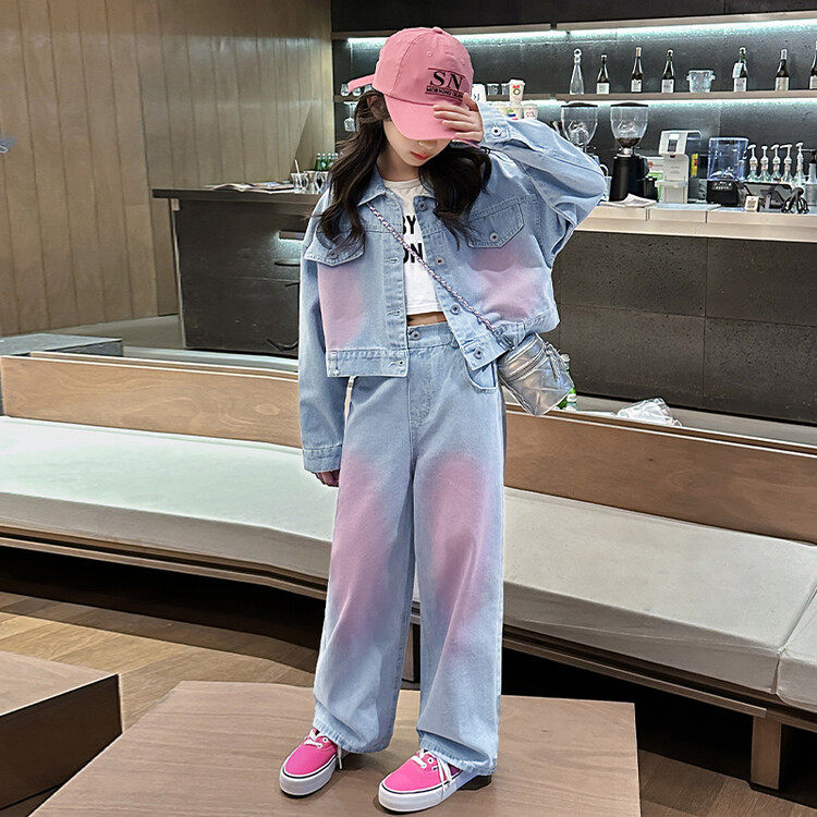 女童小香风2026春装中大童多巴胺外套阔腿裤两件套牛仔套装潮韩版