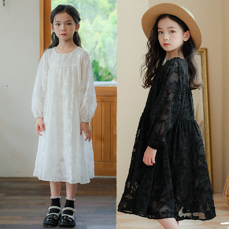 女童白色连衣裙2026秋冬中大童提花洋气长袖宽松蓬蓬蛋糕长裙B类